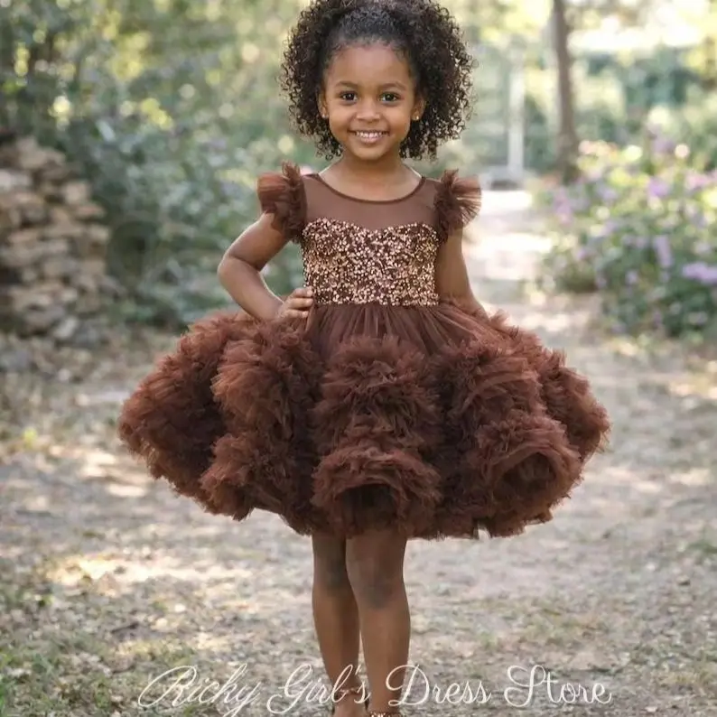 Girls Gold Princess Party Dress Sequin Tulle Ruffles Ball Gown Children's Fashion Show Costume Model Vestidos Mini Dress