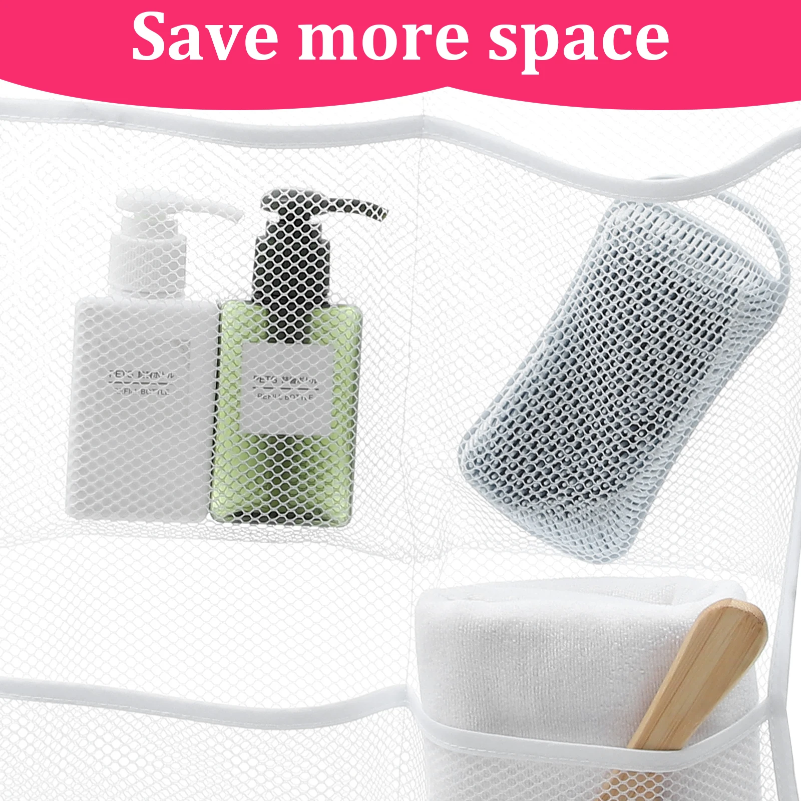 

2Pcs Mesh Bathroom Hanging Storage Organizer Bags Six Pockets Hook Shower Rod Towel Rack Pocket Organizer Shower