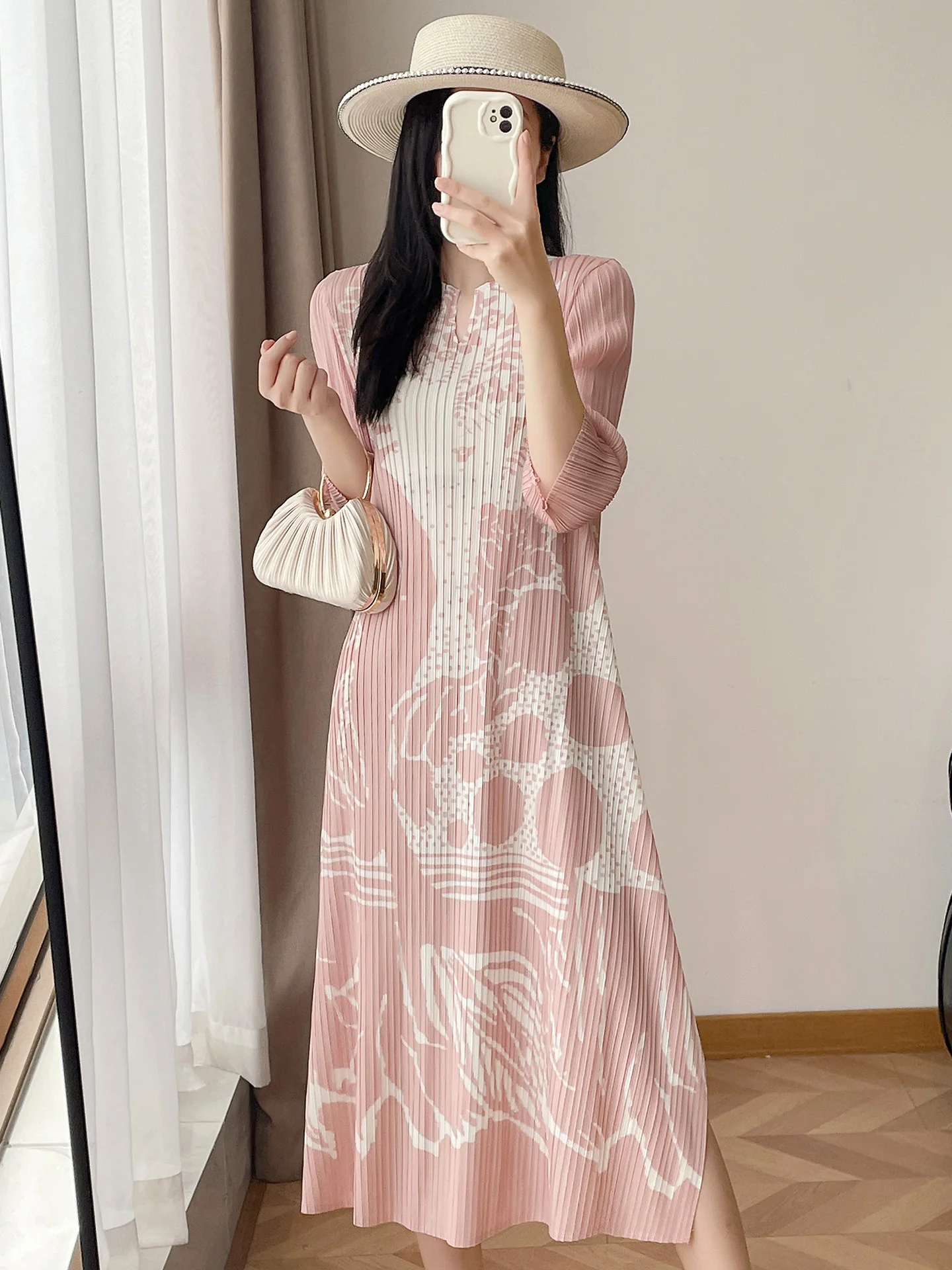 

Elegant Mid-Length Printed Dress Women's Knee-Long Cover-Up Waist Cinched A-Line Skirt French Style Polyester Fiber High Elas...