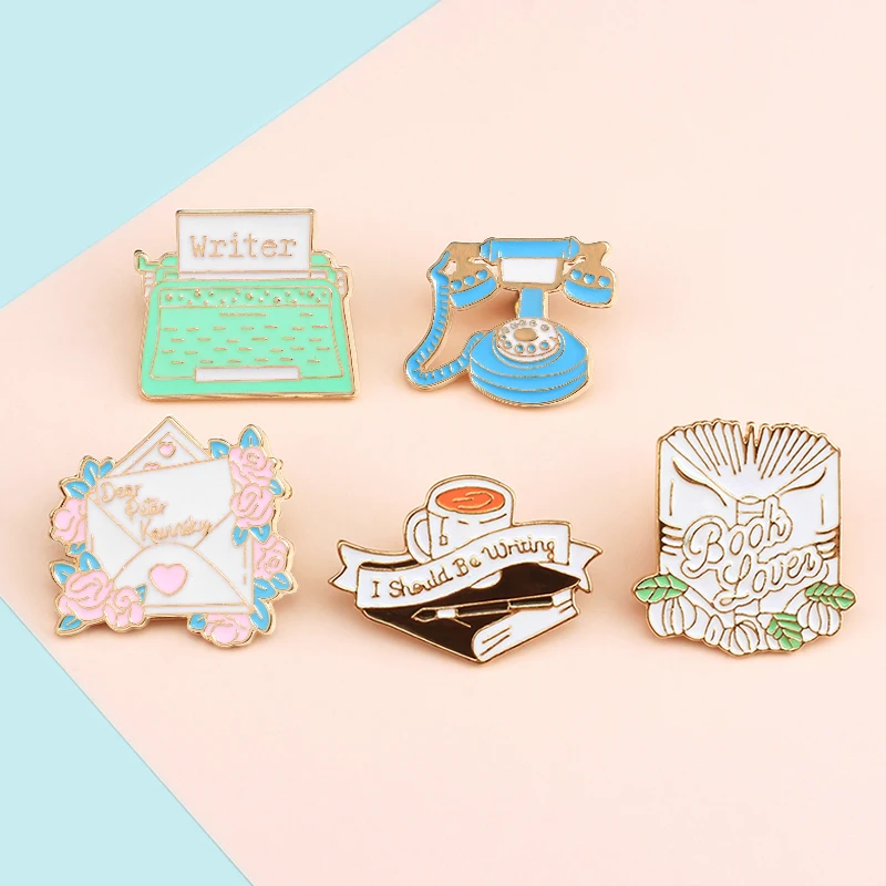 Sweet Flower Book Enamel Pin Cartoons Coffee Envelope Letter Telephone Writer Brooches Backpack Clothes Lapel Pins Badge Jewelry