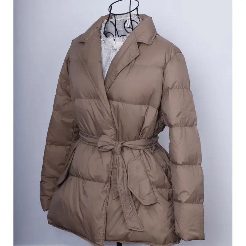 European Winter White Duck Down for Women Outerwear Fashion Standing Neck Tie Up Work Clothes Warm Windproof Coat Women Parkas