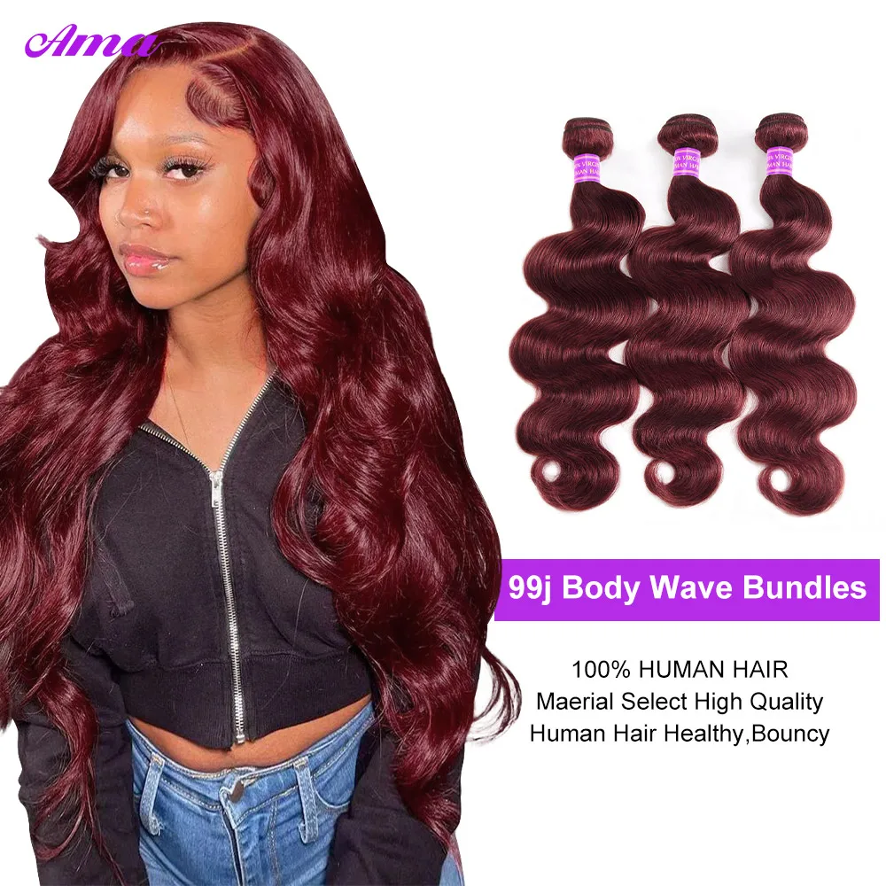 Body Wave Human Hair Bundles para mulheres negras, Borgonha, vermelho escuro, colorido, Remy Hair Bundles, 1, 3, 4 Bundles, Deal, 99j