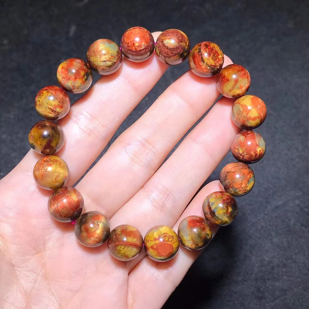 Natural Yellow Red Pietersite Chatoyant Round Beads Bracelet 11.6mm Cat Eye Namibia Fire Pietersite Jewelry AAAAA