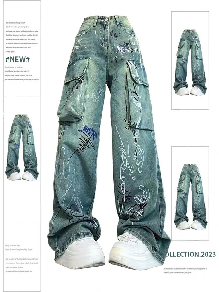 

Women Blue Graffiti Cargo Jeans Baggy Vintage Korean Cowboy Pants Harajuku Denim Trouser 90s Aesthetic Y2k 2000s Trashy Clothes