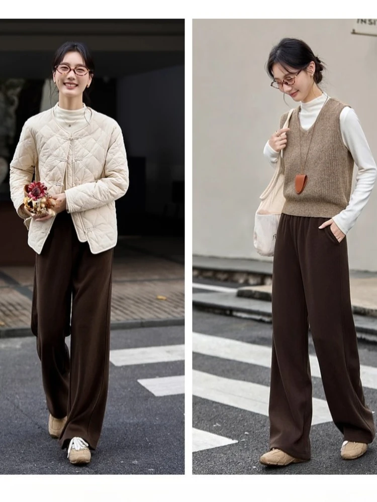 VIMLY Women's Pants Brown Vintage 2025 Autumn Casual Knitted Straight Long Pants Warm Draping Pockets Female Sweatpants A2519