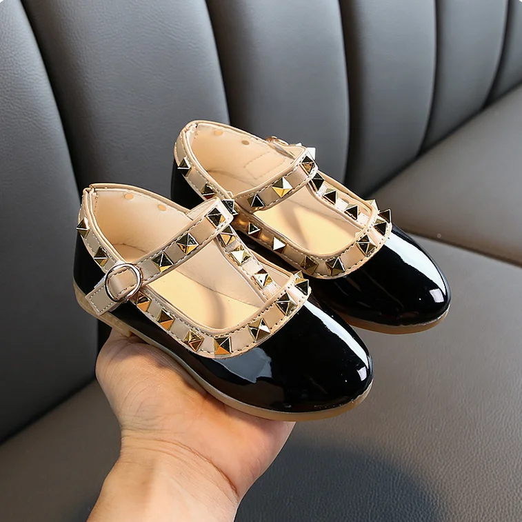 Children Leather Shoes Fashion Rivet Elegant Girl Princess Shoes Shallow Versatile Kids Causal Trend Flat Shoes Non-slip Classic