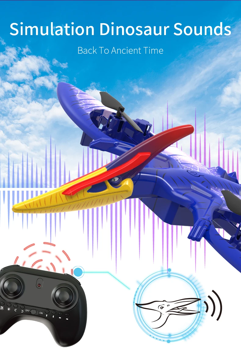 Drone de controle remoto de dinossauro luminoso colorido com efeito de som brinquedo de aeronave de simulação de 4 eixos para crianças