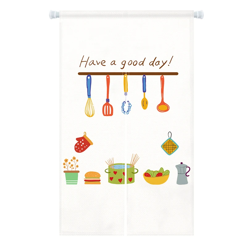 Kitchenware Printed Door Curtain Cutlery Chef Hat Kitchen Partition Half Curtain Covering Restaurant White Noren Japanese Style