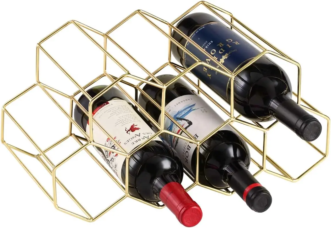 

Gold Honeycomb Metal Wine Rack, Holds 9 Bottles, Countertop Organizer for Home Kitchen Bar