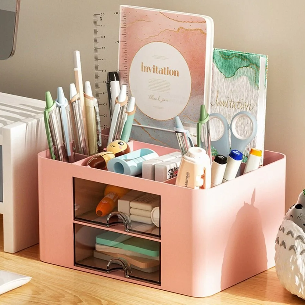 Large Capacity Stationery Storage Box PSHIPS Multifunction Desktop Storage Case With Drawers Solid Color Desk Organizer