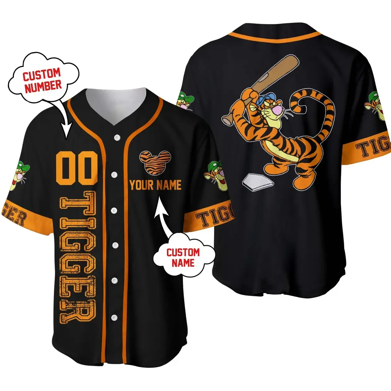 Disney Winnie the Pooh Tigger Baseball Jersey Casual Mens Women Button Up Short Sleeve Jersey Disney Baseball Jersey Fashion Top