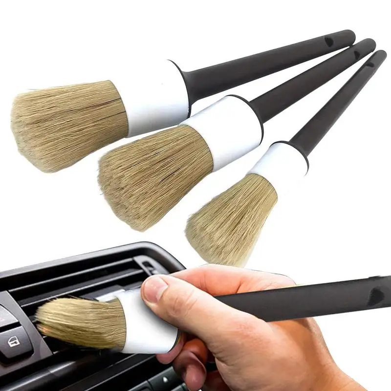 

3pcs Interior Detailing Brush Boars Bristles Car Detailing Brushes Multi-Purpose Ultra Soft Detail Brush For Exterior Wheels