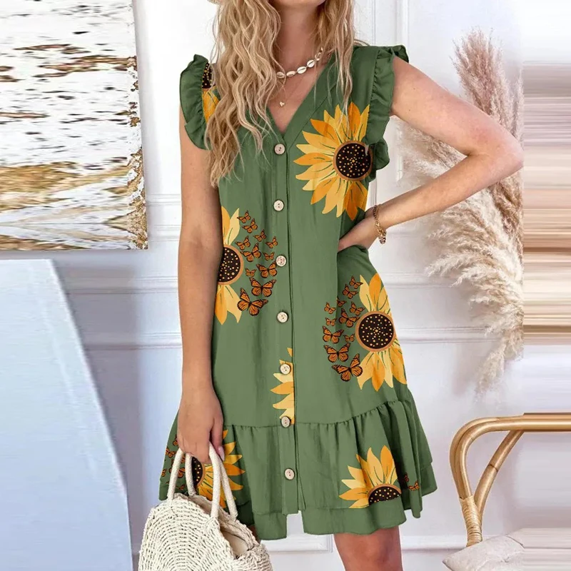 Vestido holgado con cuello en V para mujer, Vintage con estampado Floral elegante Vestido camisero, manga voladora, volantes, botonadura única, Verano