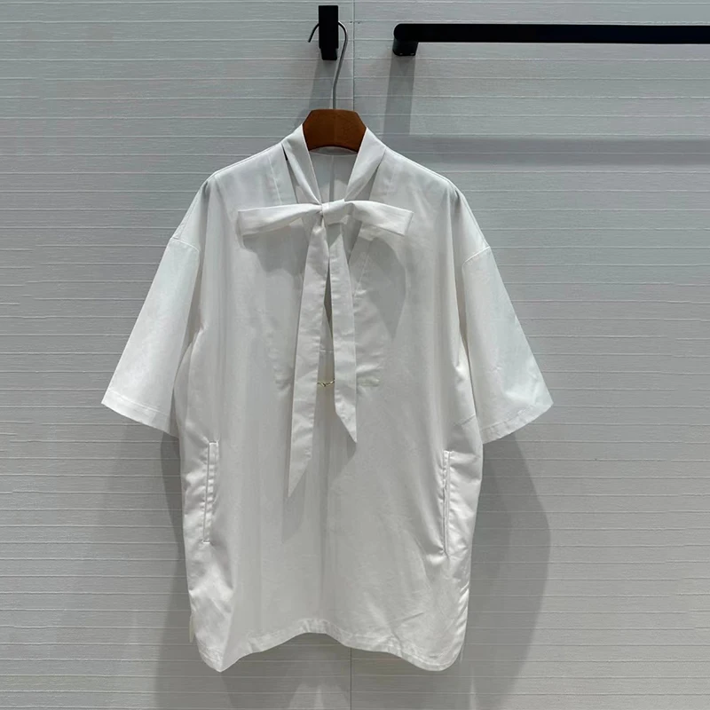 Camicia con bottoni in crine con scollo a v con fiocco in nastro, top da donna larghi e versatili, abbigliamento da donna di alta qualità, Y2K,2024,