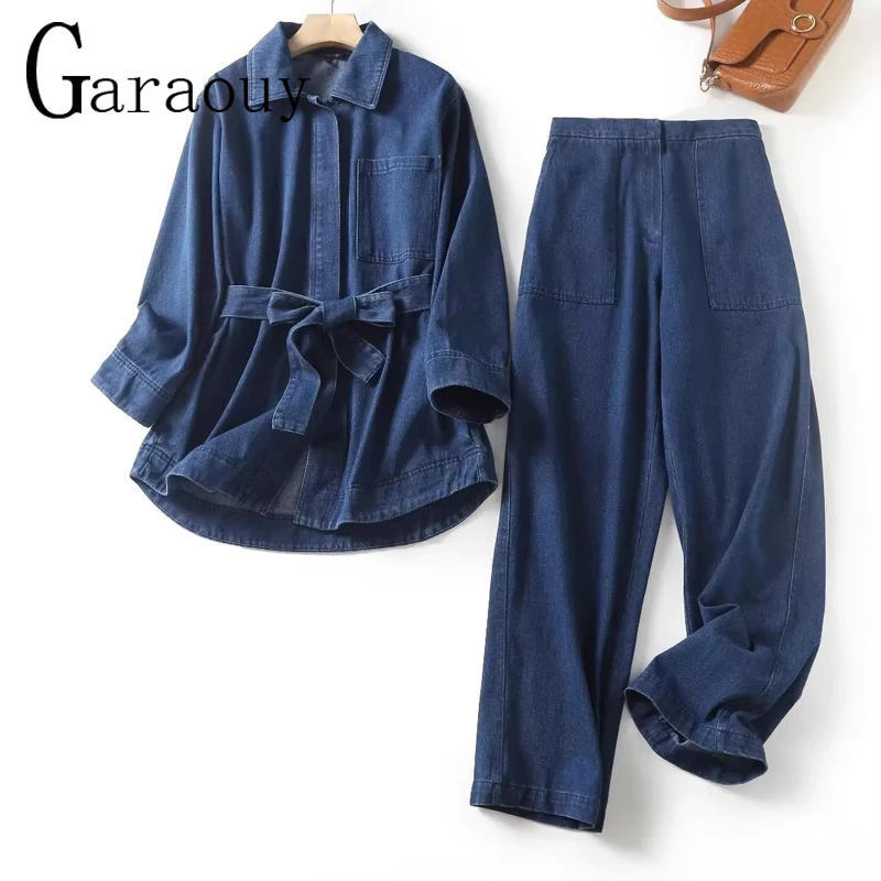 Garaouy 2023 Women Vintage Lapel Belt Loose Denim Shirt Jacket Coat+Elastic High Waist Wide Leg Jeans Pants Casual Simple Suit