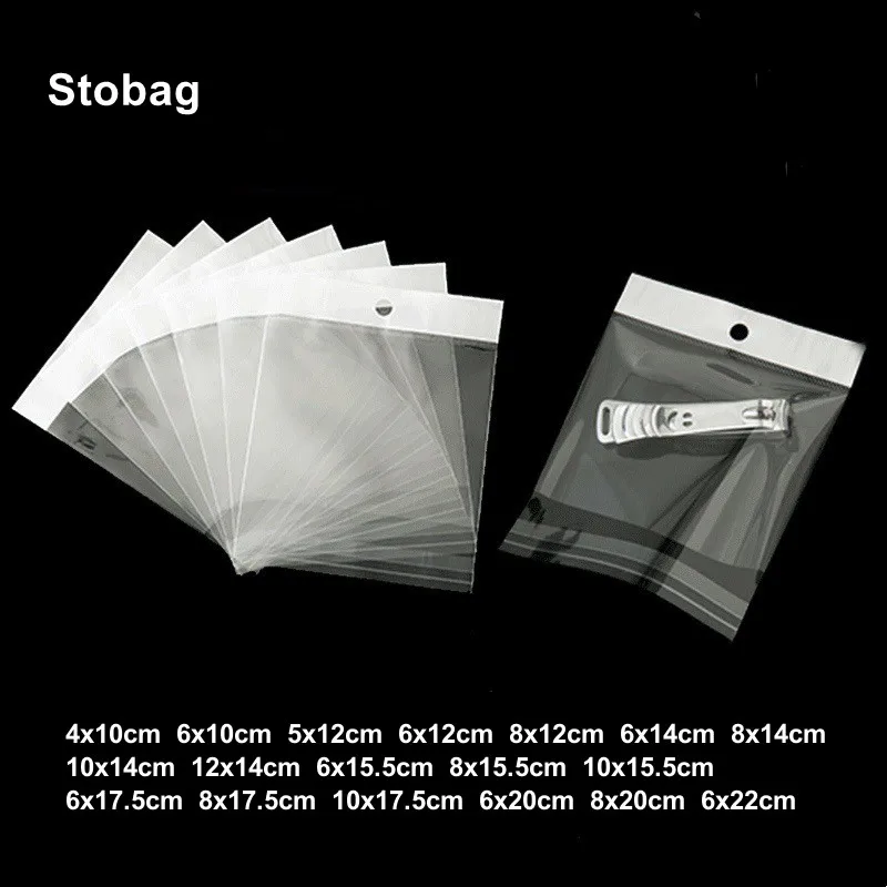 

StoBag 100pcs Cellophane Self-adhesive Sealed Jewelry Gift Packaging Bag Hanging Hole Transparent Plastic Clear Small Reusable