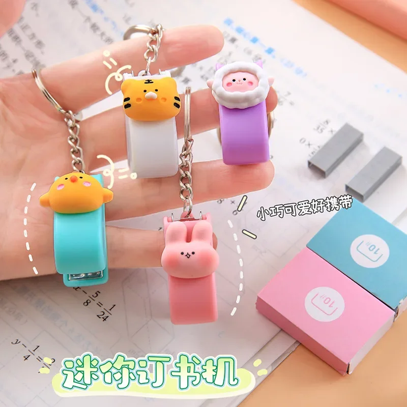 50pcs Small Stapler with Keychain Portable Cute Cartoon Mini Stapler Creative Student Office Kawaii Mini Stapler School Supplies