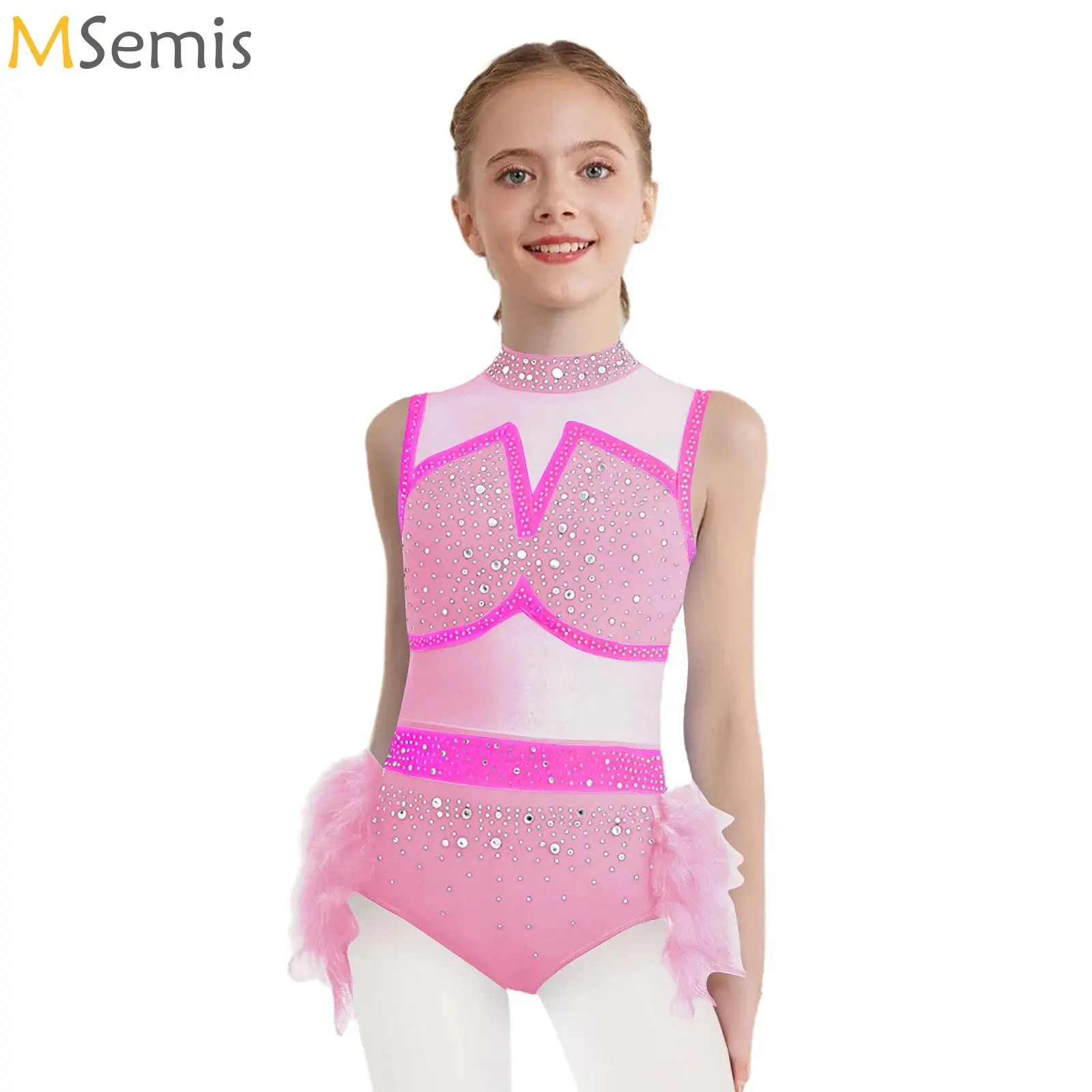 Kids Girls Jazz Latin Dance Feather Leotard Rhythmic Gymnastics Jersey Rhinestones Acrobatics Ballet Dance Performance Costume