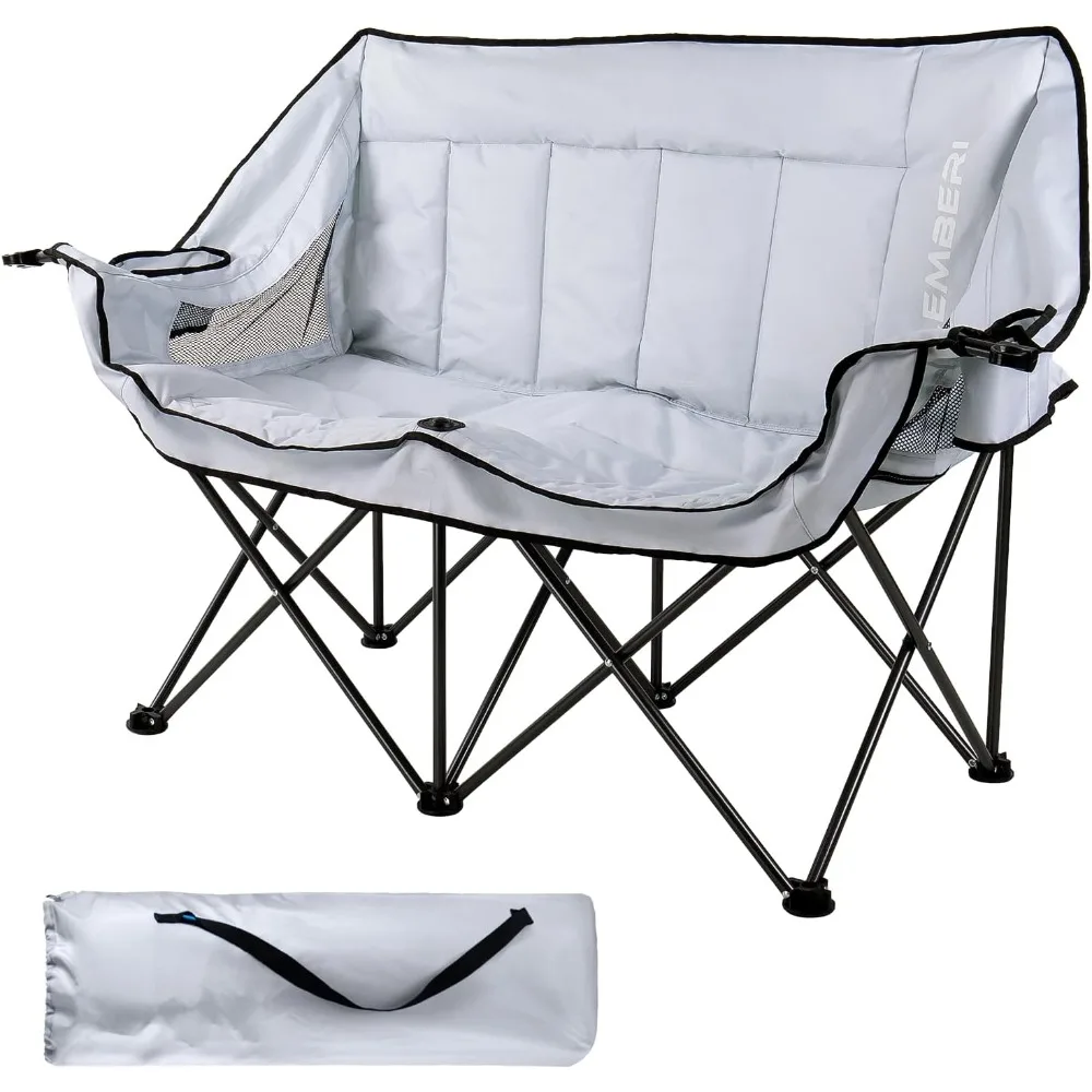

Oversized Outdoor Double Camping Chair with Strap, Heavy Duty Padded Portable Folding Loveseat for Adults, 2 Person Camping Cou