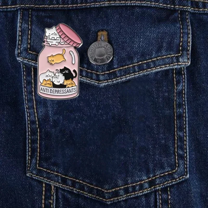 Jar Anti Depressants Cats Badge Bottle Mental Heath Enamel Pin Brooch Certified Cat Lady Meow Catitude Animal Pill Jewelry Gifts