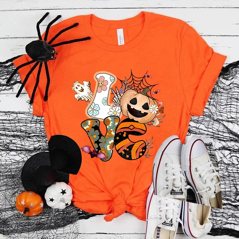 

(Футболка премиум-класса) Новые популярные футболки на Хэллоуин Boo Pumpkin Love, модная летняя футболка для женщин и девочек, повседневная футболка с коротким рукавом и круглым вырезом