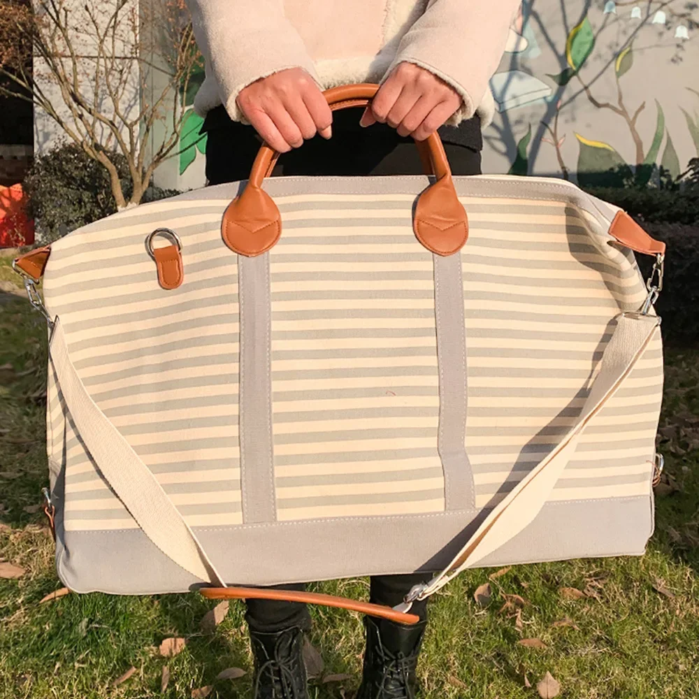 Bolso de lona a rayas para mujer, bolsa de equipaje de viaje con correa de guitarra Vintage, gran capacidad, a la moda