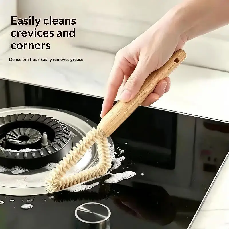 Triangle Head Gap Cleaning Brush Hard Bristles Ergonomic Wooden Long Handle for Patio Tile Crevice Stubborn Dirt Removal