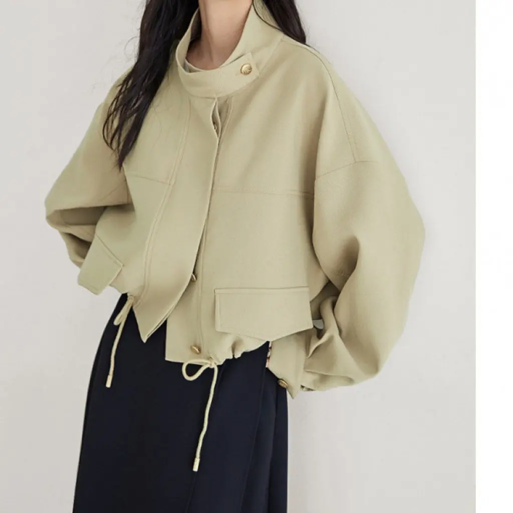 

Elegant Short Length Coat Jacket Women's Drawstring Stand Collar Commuter Style Fashionable Top Outerwear Collection