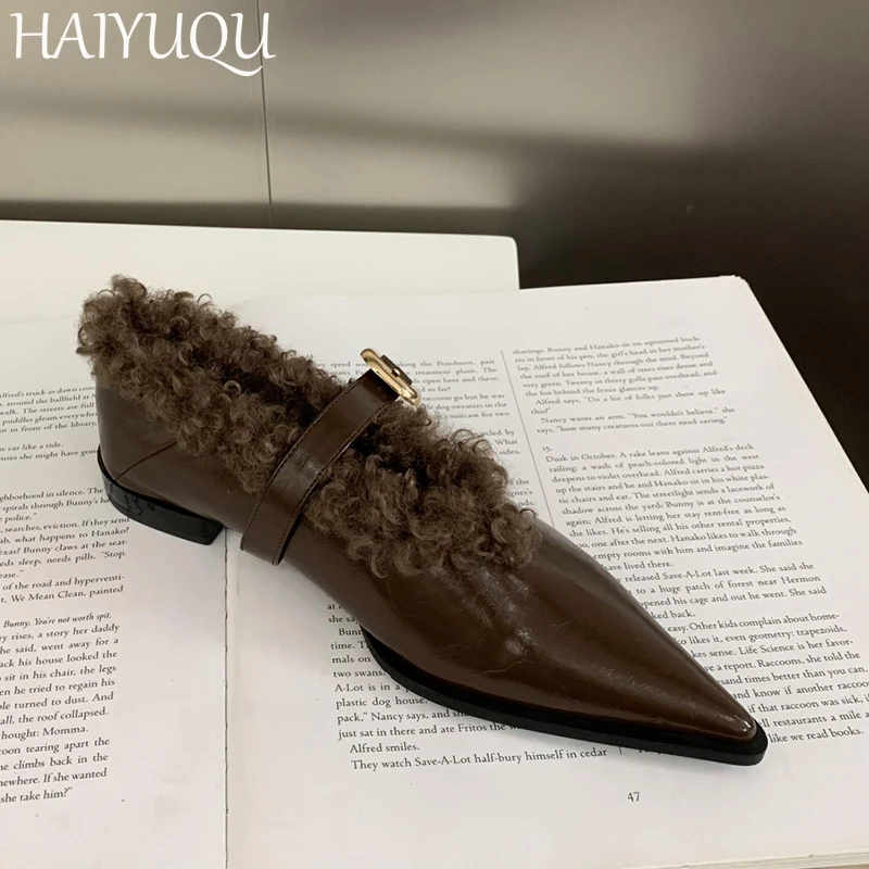 Pointed Toe Fur Women Shoes Flats Fashion Shallow Shoes Woman 2024 Trend Brand Mary Jane Cotton Shoes New Mujer De Snow Botas