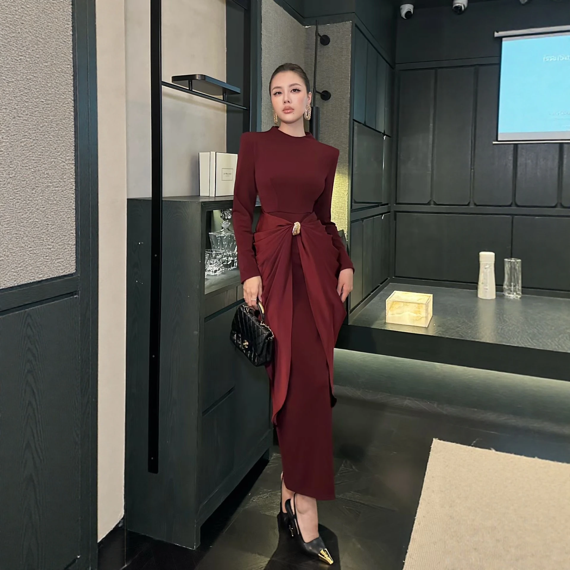 

Elegant Slimming Long Dress Fashionable Waist-Cinching Design Women's Gown for Party Cotton Nylon Fabric Ladies' Dress