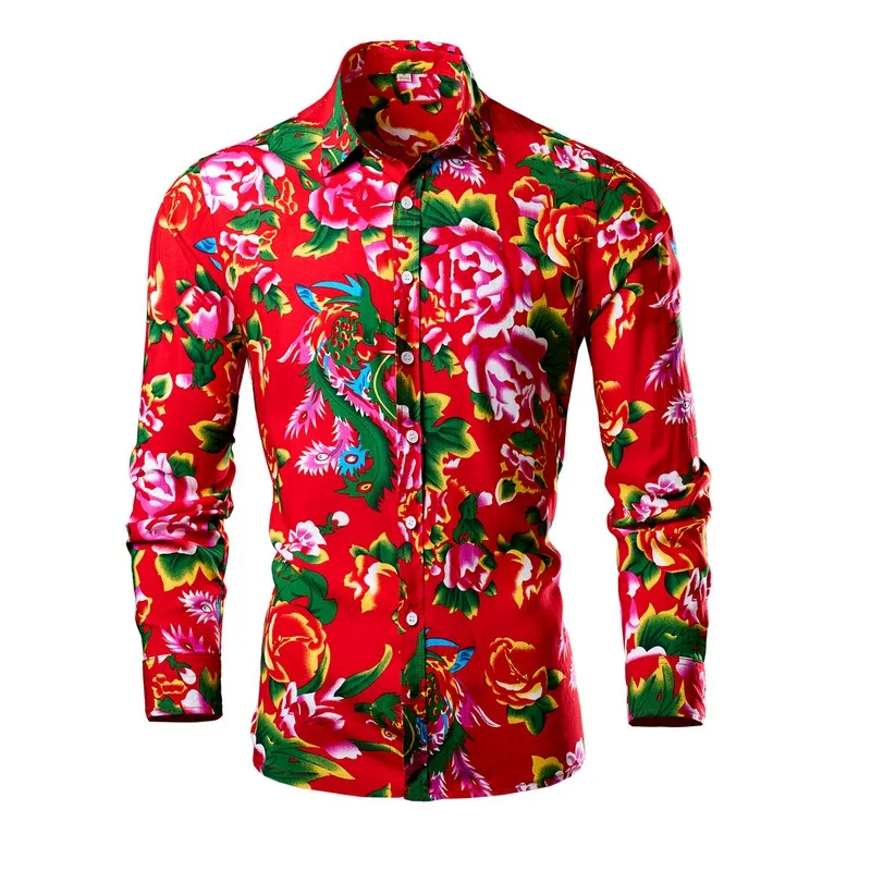 Introducing Eye-catching Shirt Subject Three Fashion Northeast Big Flower Pattern Men\'s Top Spring Autumn Leisure Hip Hop