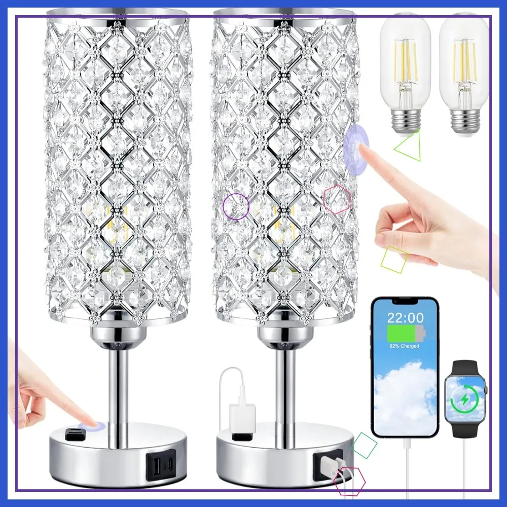 

Набор из 2-х прикроватных ламп Crystal Touch с USB-портами C+A и розеткой переменного тока, 3-режимная регулируемая лампа для спальни (лампочки в комплекте)