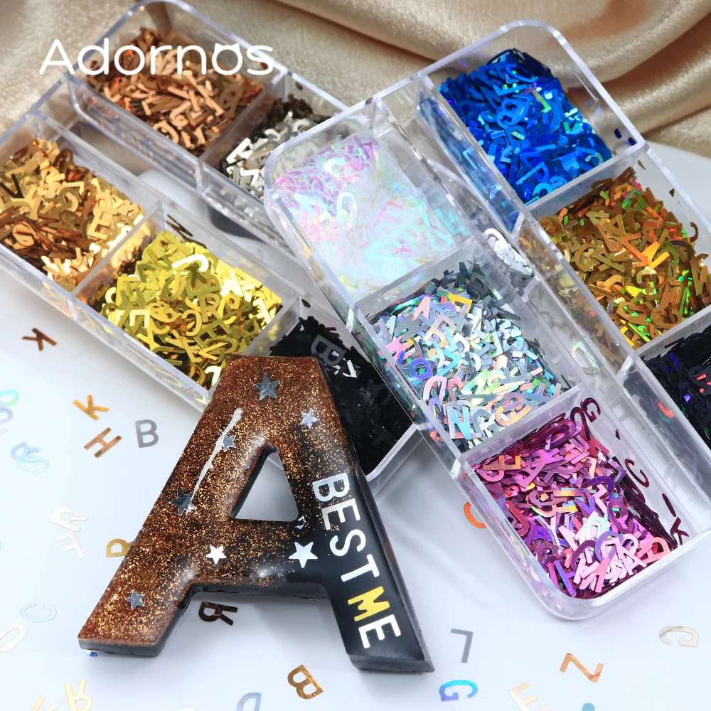 Holográfico alfabeto inglês lantejoulas resina epóxi enchimentos letras em inglês glitter resina acessórios de enchimento diy chaveiro fazendo