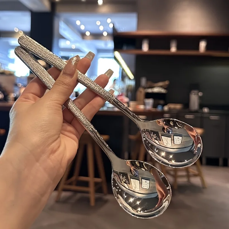 4pcs Elegant Hammered Stainless Steel Soup Spoons, Korean Style Long Handle Round Head, for Home and Restaurant Use