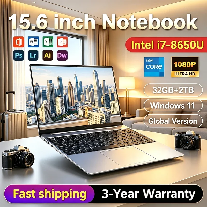 New 15.6 Inch Laptop Ultra Slim Windows 11 Intel Core I7 8650U 32GB RAM 1TB SSD 1920x1080 HD Gaming PC Gamer Office