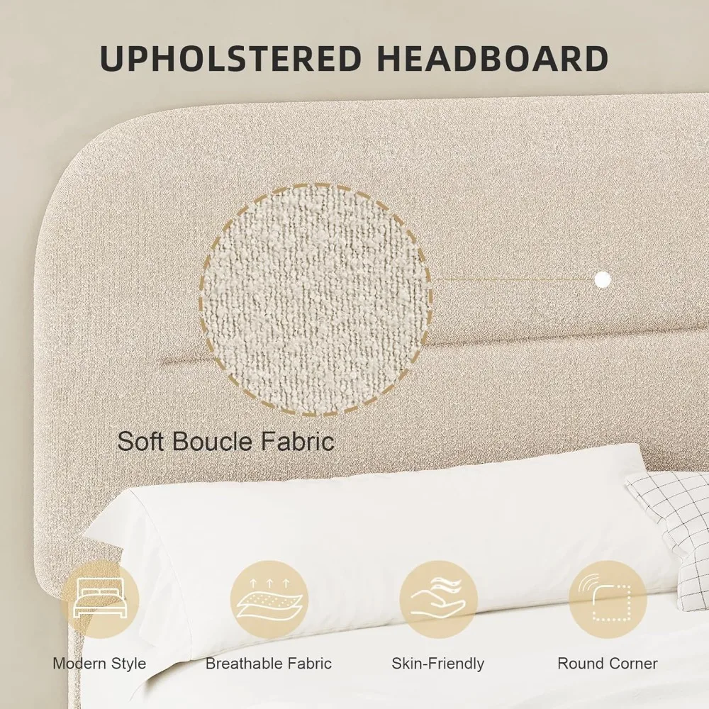 إطار سرير بمنصة منجدة بحجم كوين مع لوح رأسي زاوية مستدير وحشوة ناعمة