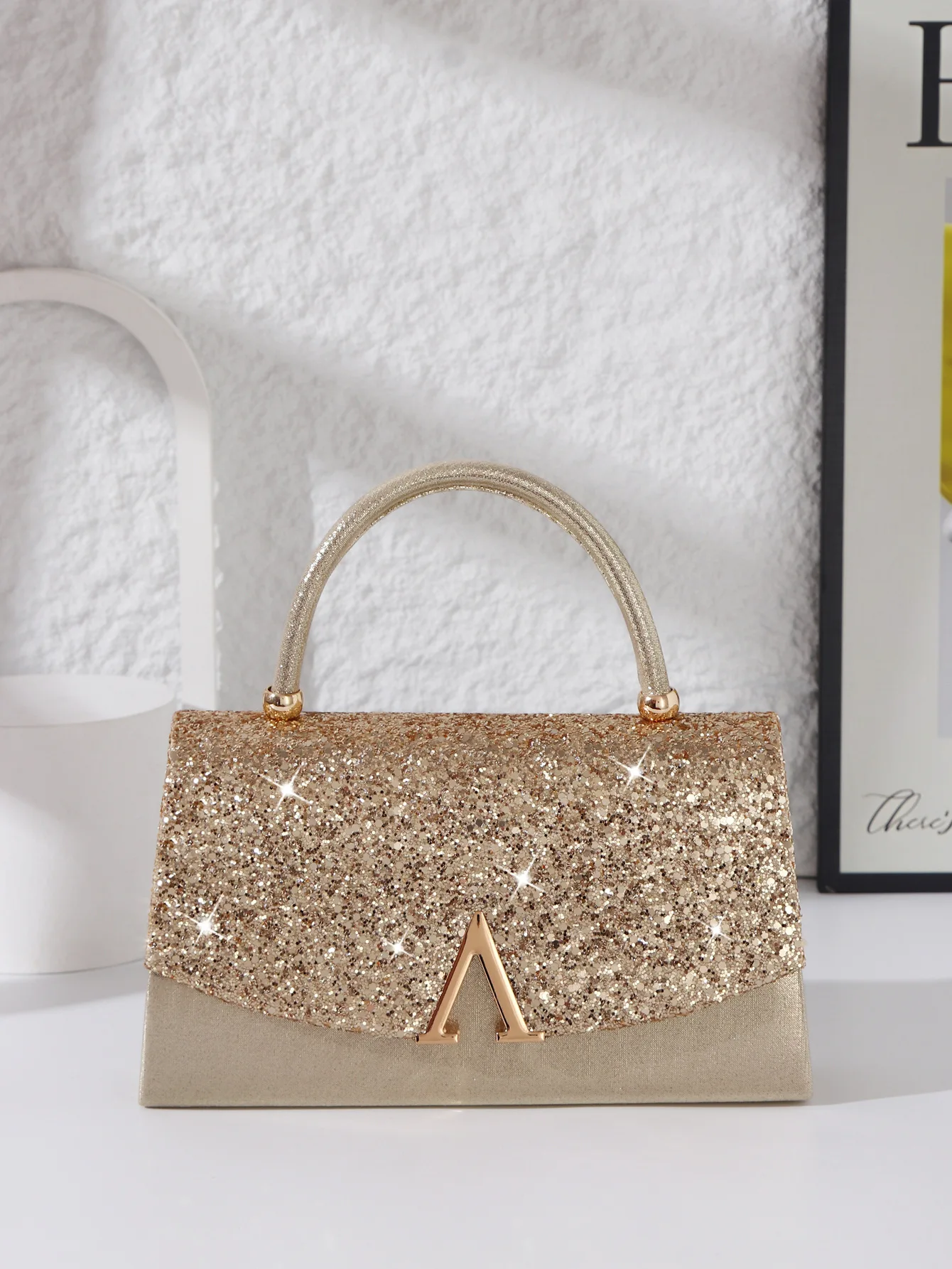 

Women Glittering Sequins Luxury Formal Evening Clutch Bag Large Capacity V-Shape Metal Decor For Wedding Prom Gift