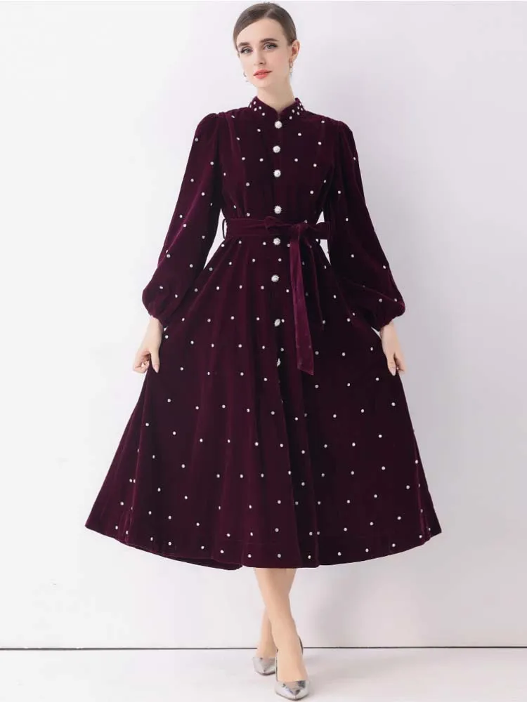 فستان فاخر عتيق مطرز بالخرز من المخمل للنساء موضة خريف وشتاء بأكمام طويلة فساتين قميص طويلة واحدة الصدر INKEO 5D257 #3