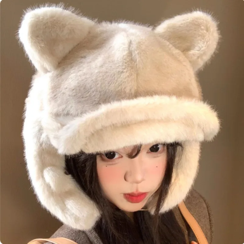 Winter Cute Cat Ears Plush Lei Feng Cap Women's Outdoor Leisure Cycling Ear Protection Warm and Versatile Flying Bomber Hats