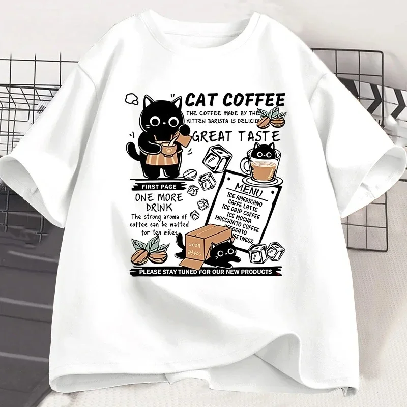 Funny Cat Make Coffe Print T Shirt for Women T-shirt Summer Short Sleeve Trendy Tops Womens Designer Aesthetic Clothes