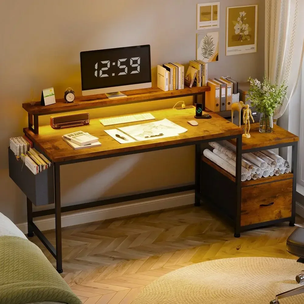 56.5 Computer Desk With File Drawers Cabinet, Study Writing Gaming Desk With Power Outlets, Home Office Desk With Shelves Monit