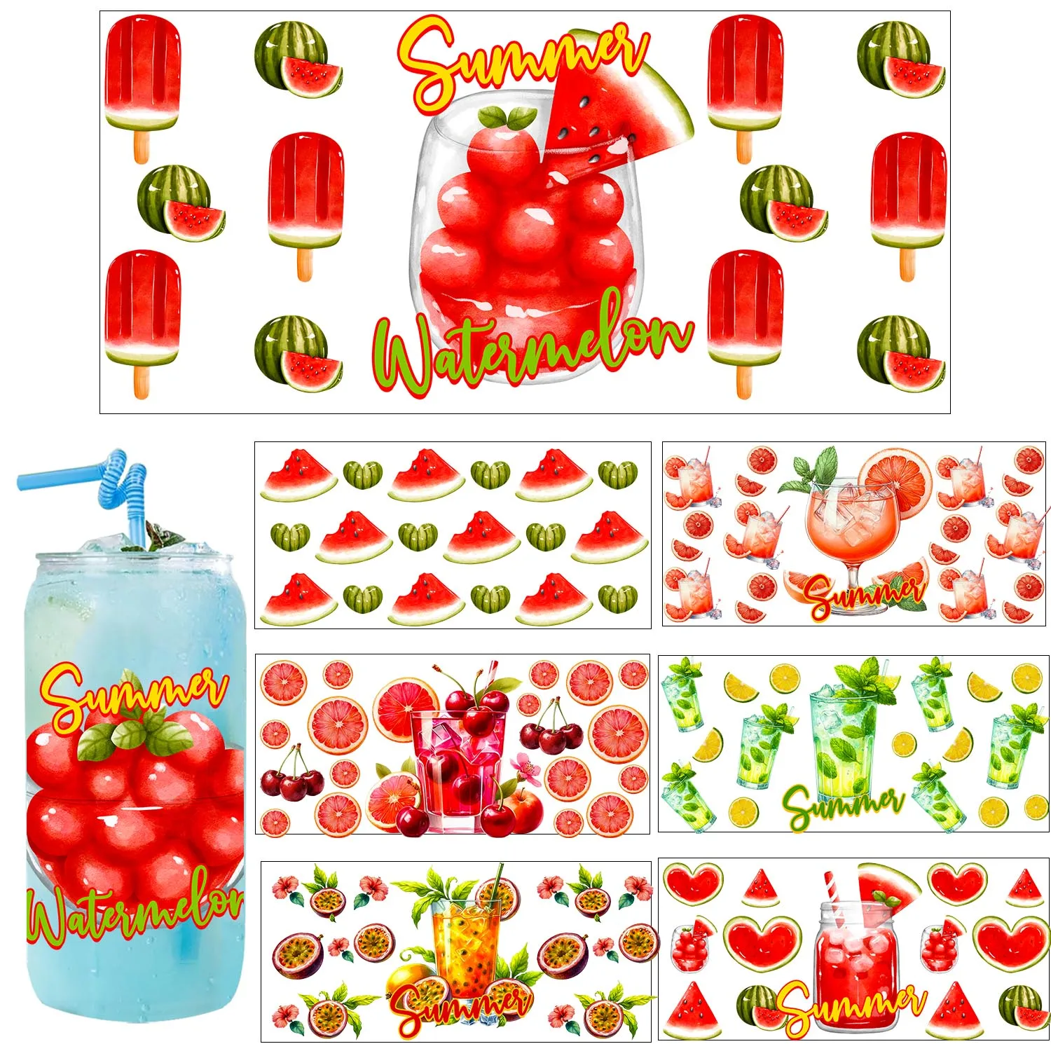 1/5pcs bundle Summer vibe fruits UV DTF Transfer Sticker DIY Decals 3D transfers uvdtf stickers 16oz uv dtf cup wraps