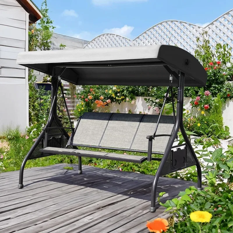 

Outdoor Patio Swing with Adjustable Canopy, 3 Seat Outdoor Porch Swing with Cup Holders, Waterproof Textilene Swing Chair for