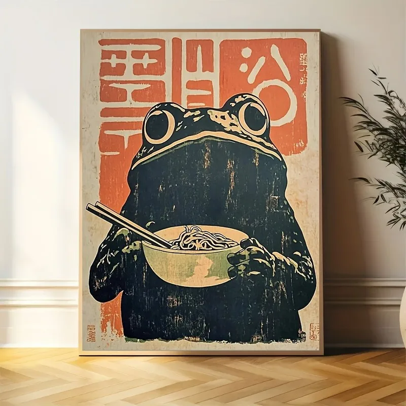 1 pieza de impresión artística en lienzo sin marco, estilo japonés retro Art Déco, impresa en lienzo, con diseño de rana comiendo ramen, decoración de pared