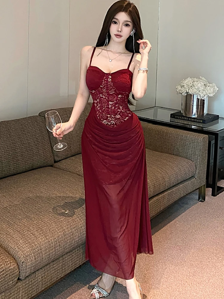 Verano rojo malla Patchwork encaje elegante Sling vestido largo mujeres coreano Vintage vestido de fiesta de baile de lujo 2025 elegante ceñido Vestidos