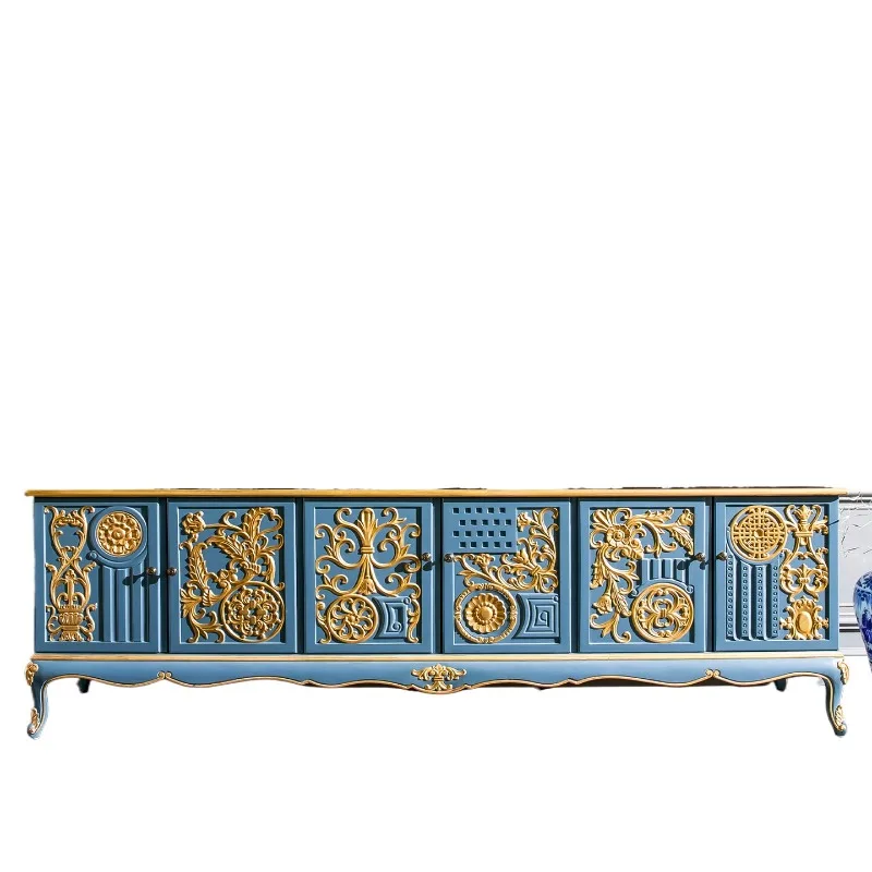 Retro art TV cabinet, French Chinese style living room solid wood floor cabinet