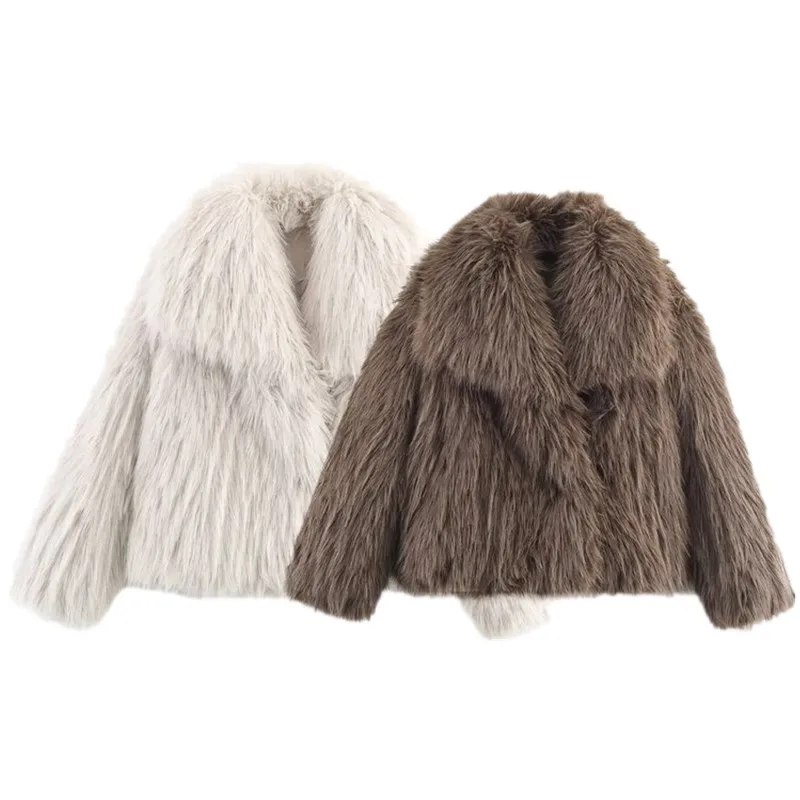 معطف جايت نسائي جديد لخريف 2025 فضفاض ومتعدد الاستخدامات من الفرو الاصطناعي طويل Sve بياقة مقلوبة وطول منتظم ملابس خارجية للسيدات