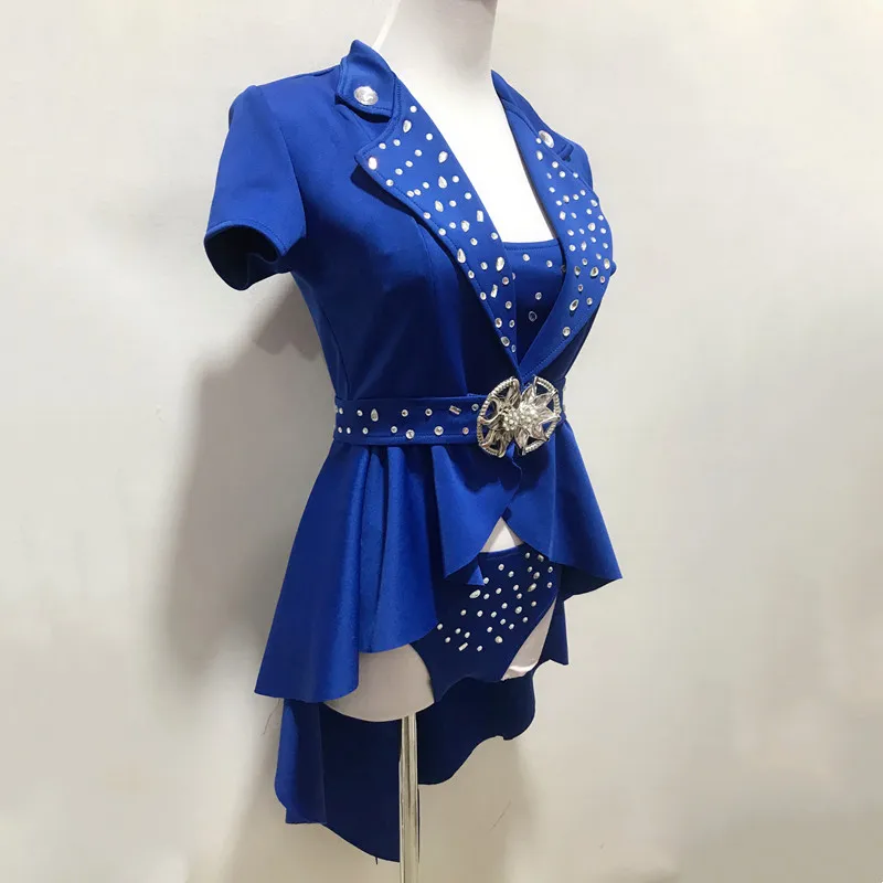 Women Jazz Dance Team Stage Performance Costume Sexy Blue Crystals Tailcoat Split 3-Piece Set Bar Nightclub Dancer Show Outfit