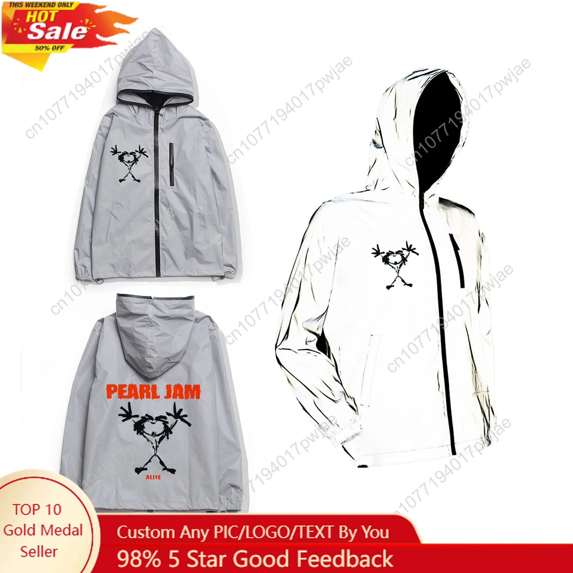 

Pearl Jam Rock Band Reflective Jacket Mens Womens Coat Hooded Windbreaker Run Pocket Jackets Hiking Zipper Customized Hoodie