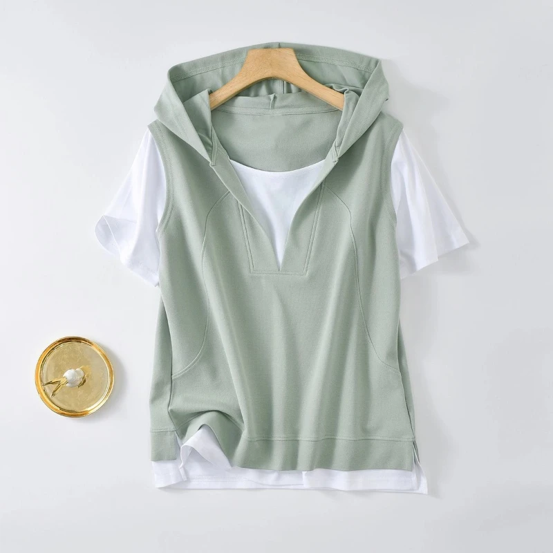 

Fake Two Pieces Hooded Contrast Patchwork Casual Tops Summer New Short Sleeve Loose Fashion Short T Shirts Vintage Men Clothing